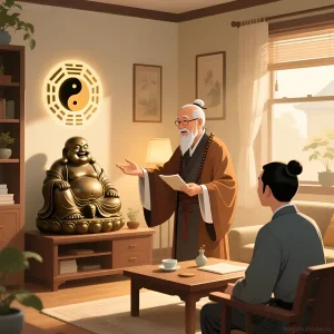 Уютная гостиная в стиле фэн-шуй с бронзовой статуэткой Хотея и символом Инь-Ян на стене, консультация мастера фэн-шуй.