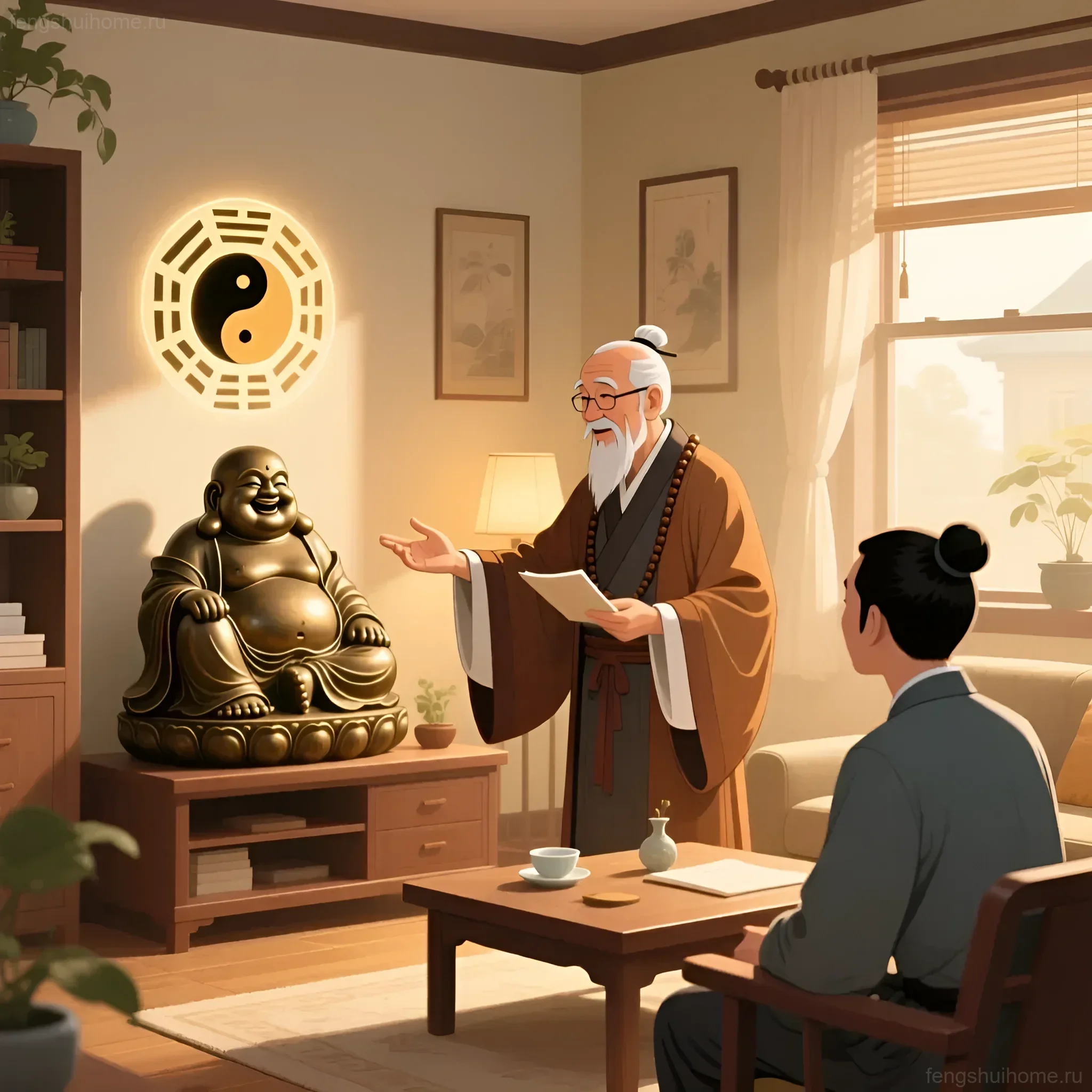 Уютная гостиная в стиле фэн-шуй с бронзовой статуэткой Хотея и символом Инь-Ян на стене, консультация мастера фэн-шуй.