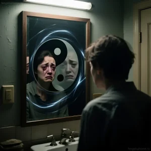 Символическое изображение человека, смотрящего в зеркало, где отражается его эмоциональное состояние и символ Инь-Ян, подчеркивающее связь между внутренним миром и окружающим пространством.