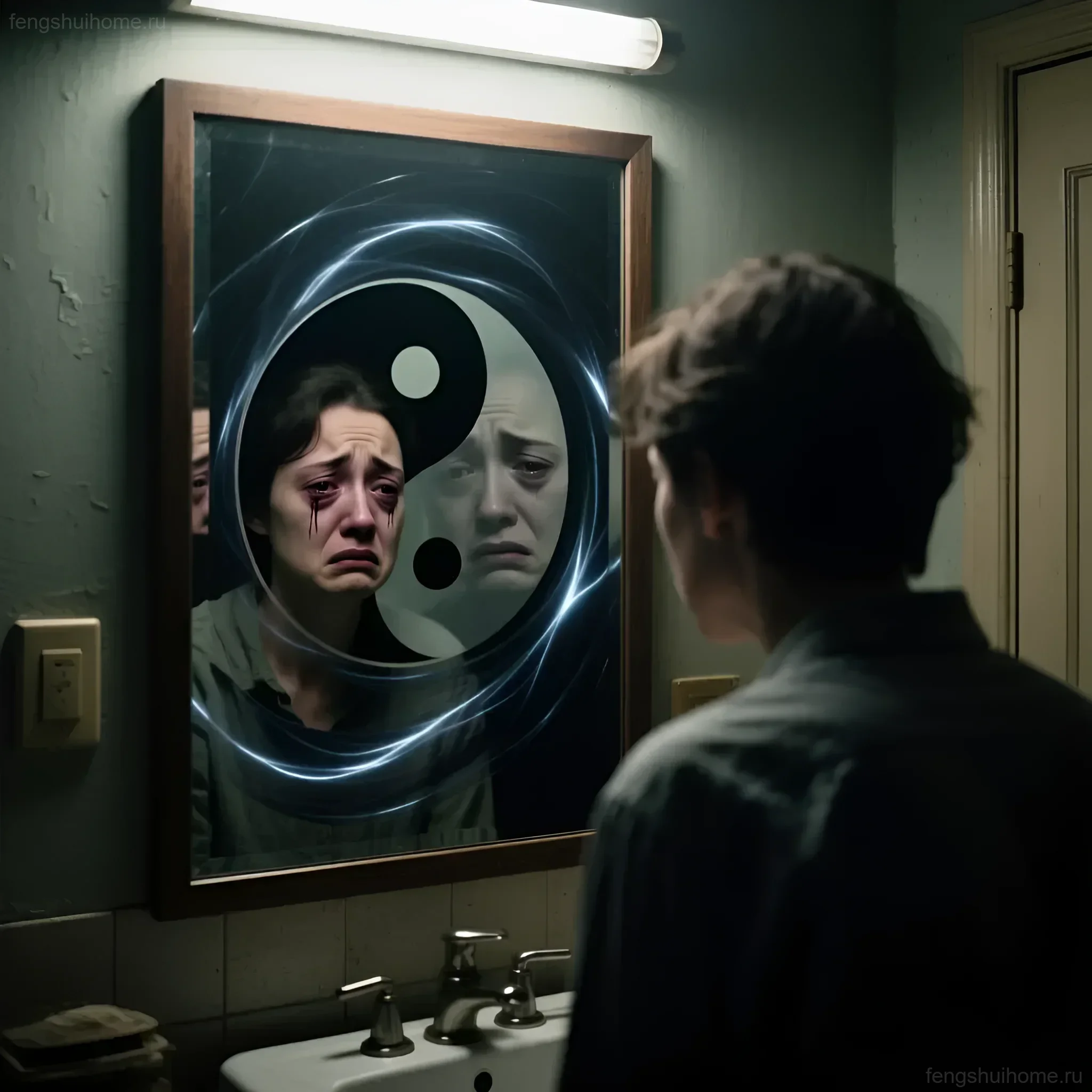 Символическое изображение человека, смотрящего в зеркало, где отражается его эмоциональное состояние и символ Инь-Ян, подчеркивающее связь между внутренним миром и окружающим пространством.