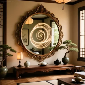 Большое круглое зеркало в резной деревянной раме, расположенное на комоде в комнате в стиле фэн-шуй, с растениями бонсай и лампой.