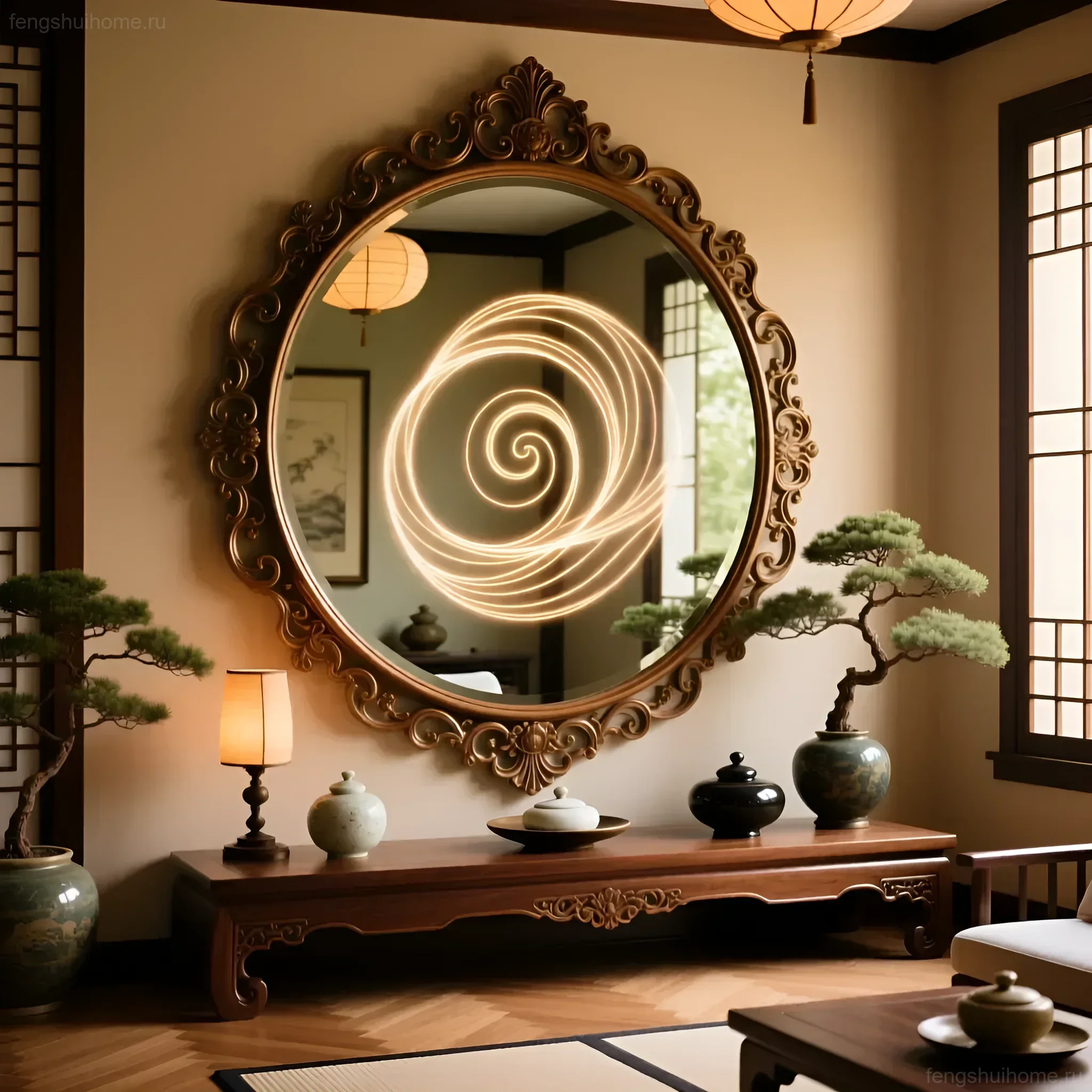 Большое круглое зеркало в резной деревянной раме, расположенное на комоде в комнате в стиле фэн-шуй, с растениями бонсай и лампой.
