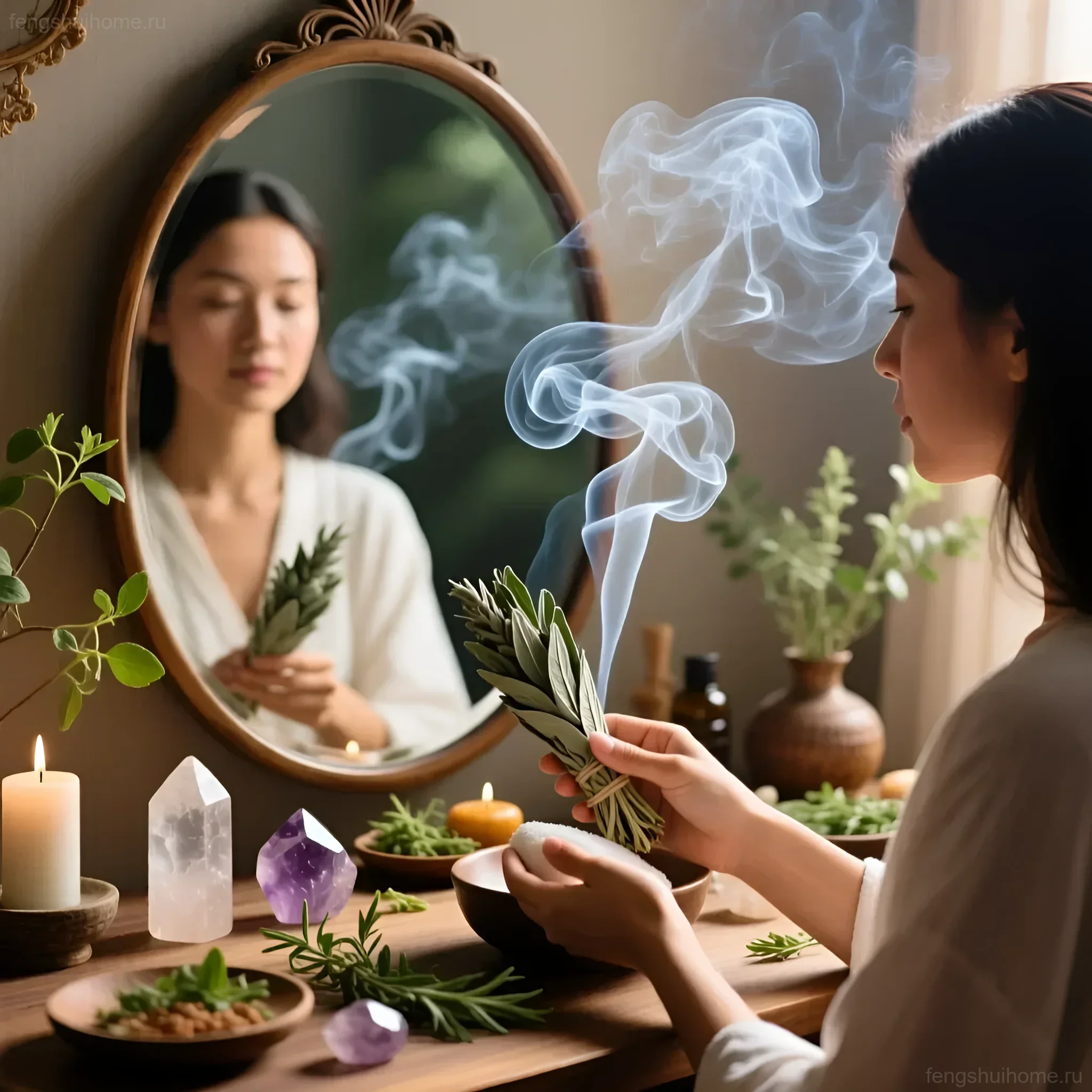 Женщина очищает овальное зеркало в золотой раме с помощью дыма шалфея, окруженная свечами, кристаллами и зеленью.
