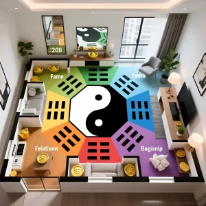 Схема расположения зон Багуа в современной гостиной с акцентом на зеркала и их влияние на энергетику пространства.