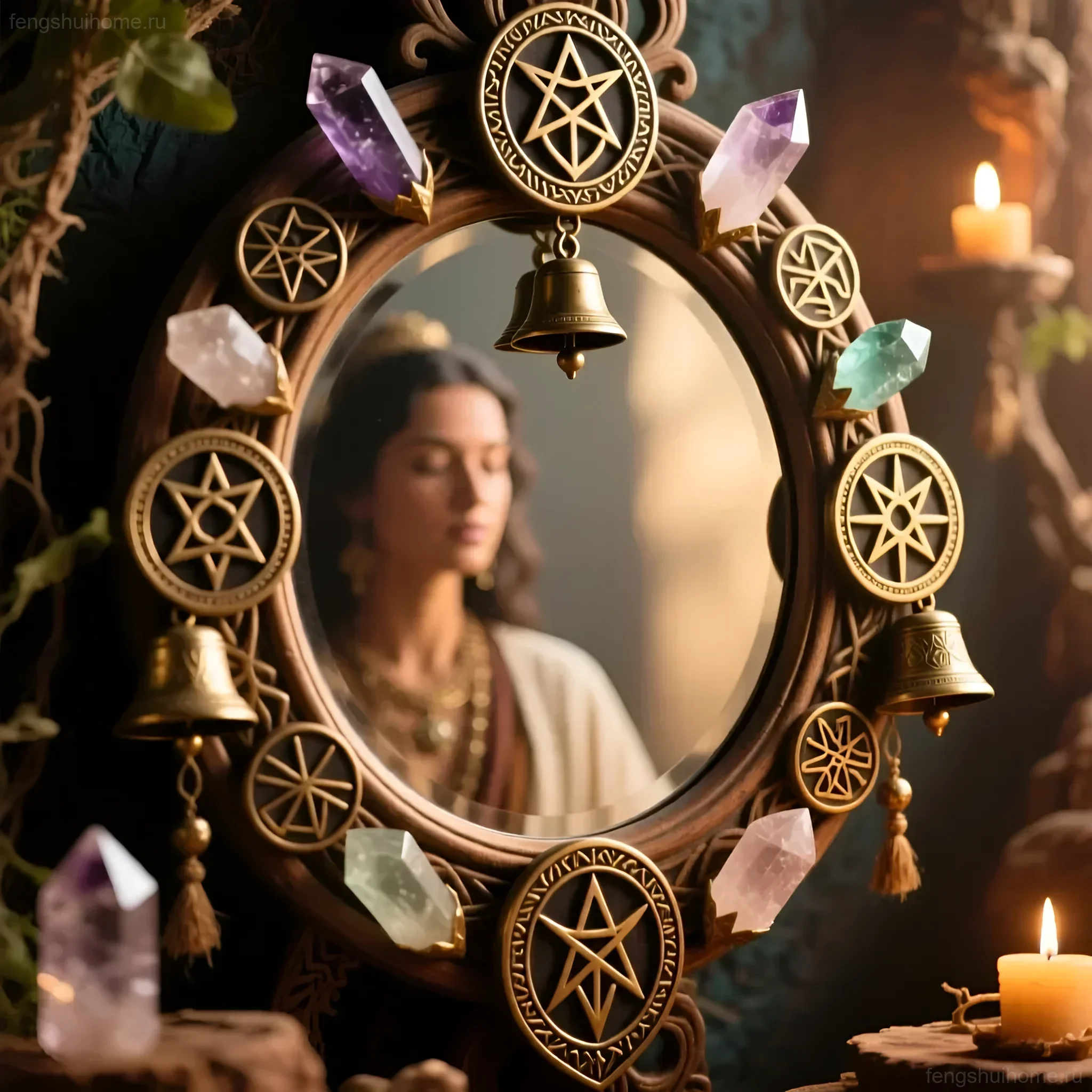 Древнее зеркало в резной раме, окруженное кристаллами, пентаграммами и колокольчиками, создающее энергетический щит для защиты от негативной энергии.