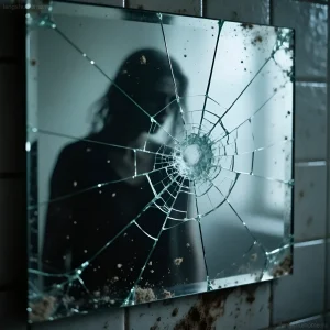 Фотография разбитого зеркала с размытым отражением человека, символизирующая энергетическую нагрузку и необходимость очищения.