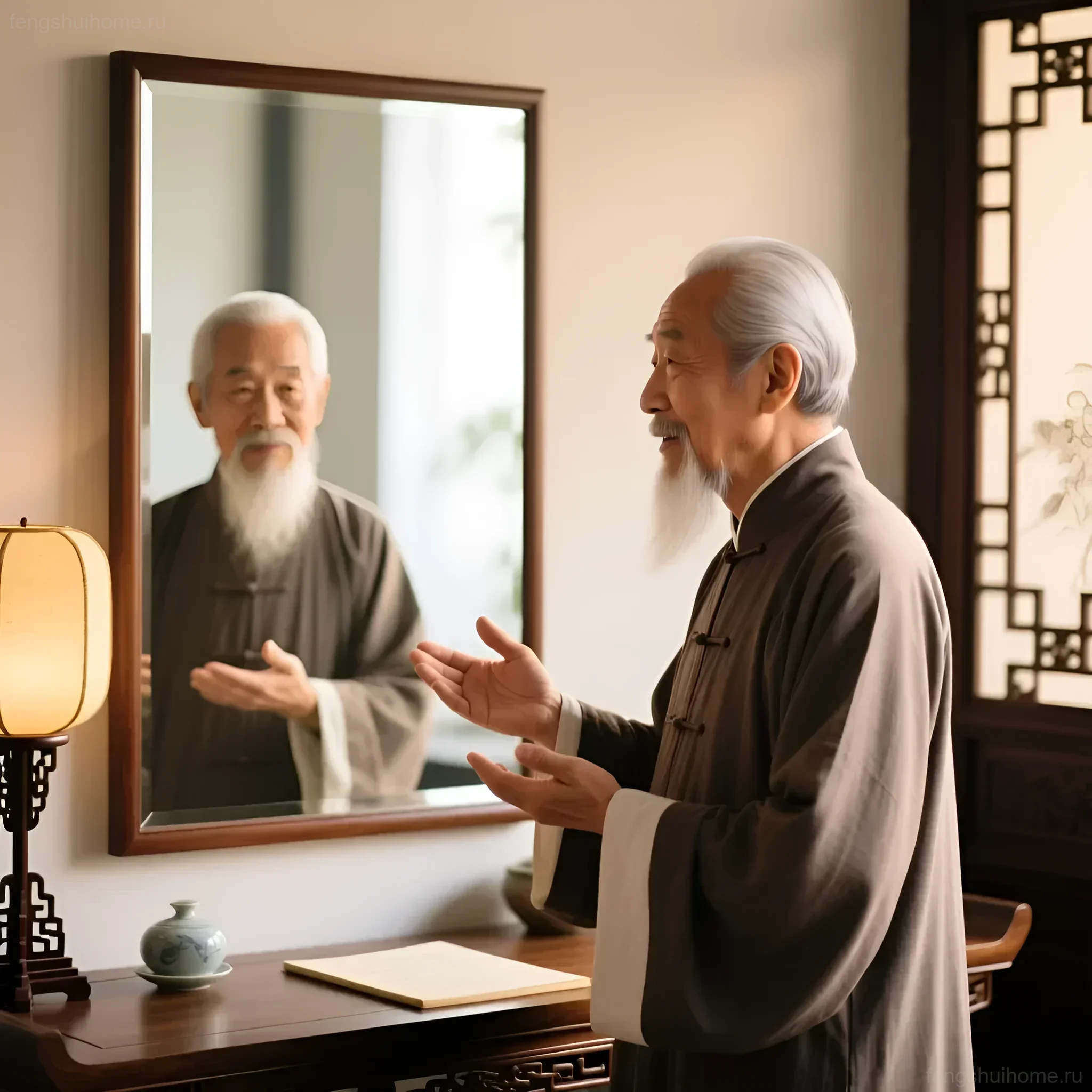 Мудрый старец в традиционной одежде перед зеркалом, демонстрирующий жест, символизирующий очищение энергии.