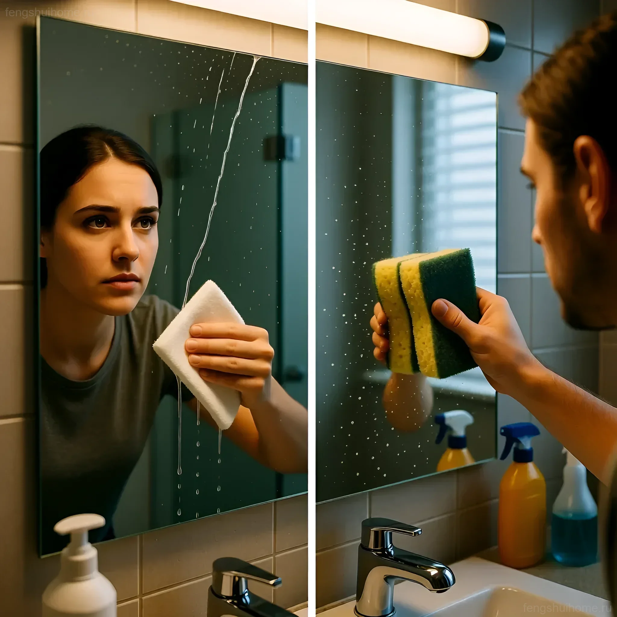 Руки очищают зеркало в ванной комнате, символизируя избавление от негативной энергии и привлечение позитивной Ци.