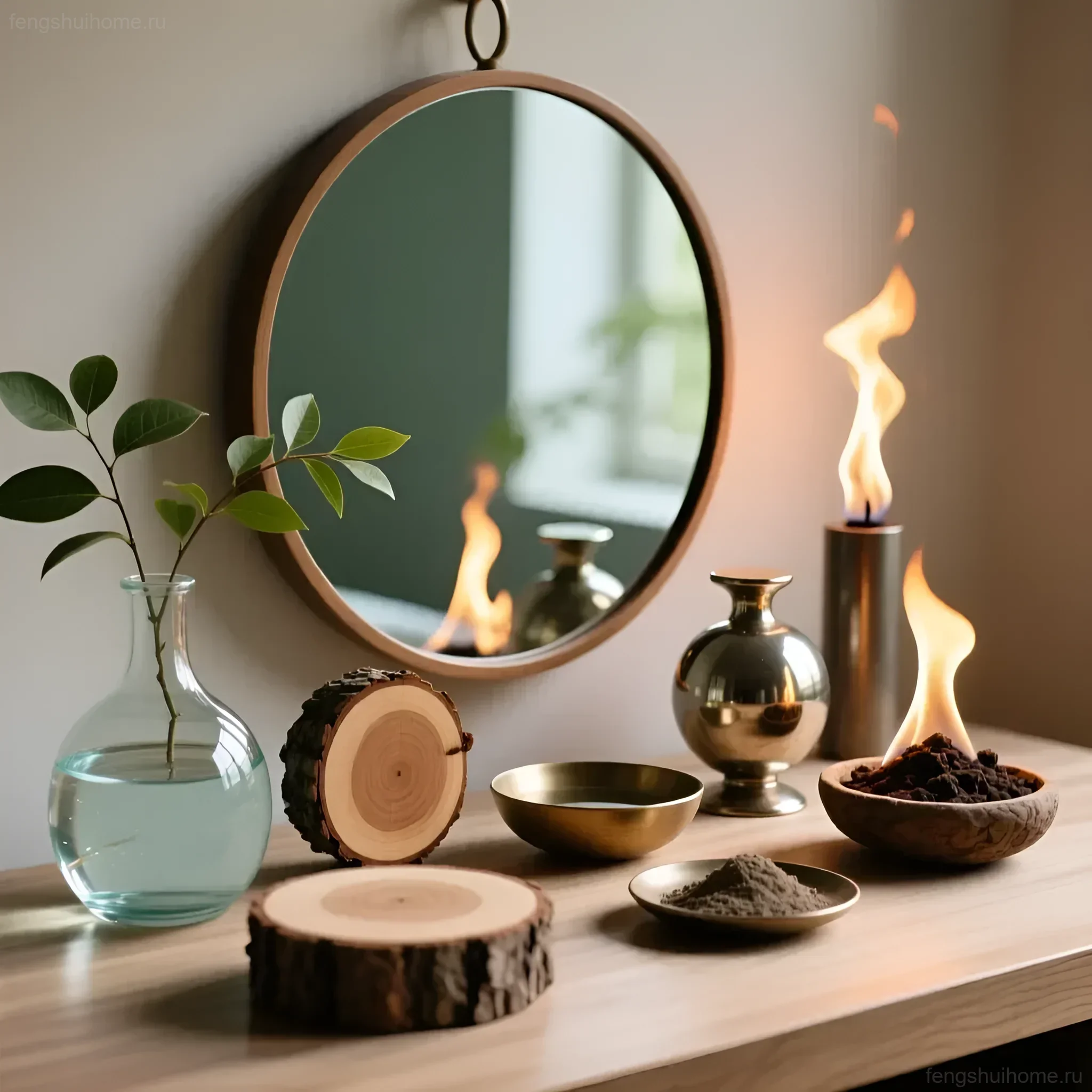Зеркало в золотой раме на деревянной поверхности, окруженное элементами для очищения: ветка с листьями, спилы дерева, чаши с солью и пеплом, масляные лампы.