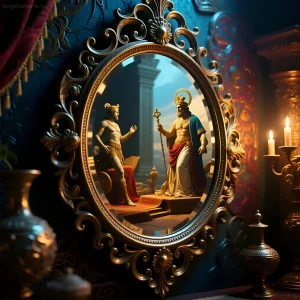 Богато украшенное винтажное зеркало в золотой раме, отражающее сцену из истории, окруженное свечами и антикварными предметами.