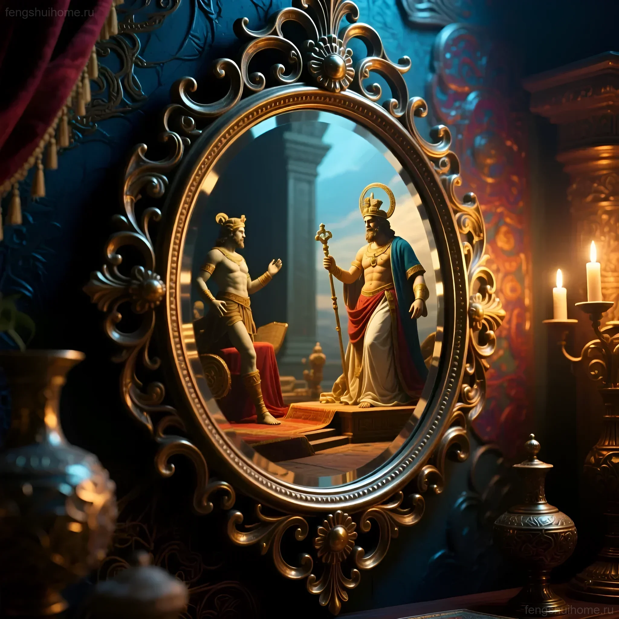 Богато украшенное винтажное зеркало в золотой раме, отражающее сцену из истории, окруженное свечами и антикварными предметами.