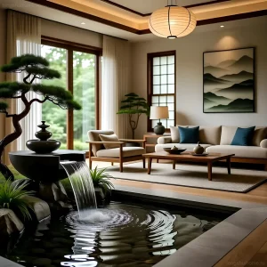 Интерьер гостиной с декоративным прудом и водопадом, выполненный в стиле фэн-шуй, с акцентом на стихию воды и природные элементы.