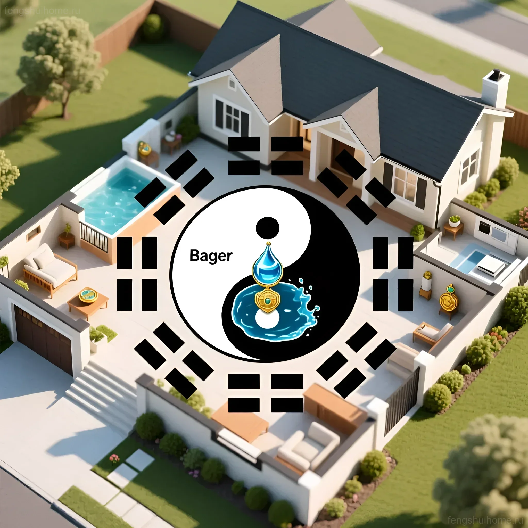Схема активации зон Багуа с водным талисманом вокруг современного дома с бассейном, визуализирующая потоки энергии Ци.
