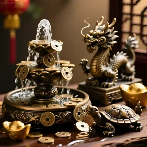 Золотой фонтан с драконом и монетами, символизирующий поток богатства и процветания в интерьере.