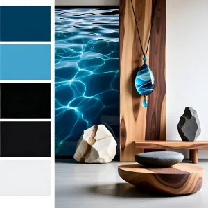 Интерьер с акцентом на водную стихию: фотообои с изображением воды, деревянные элементы и талисман из лазурита.