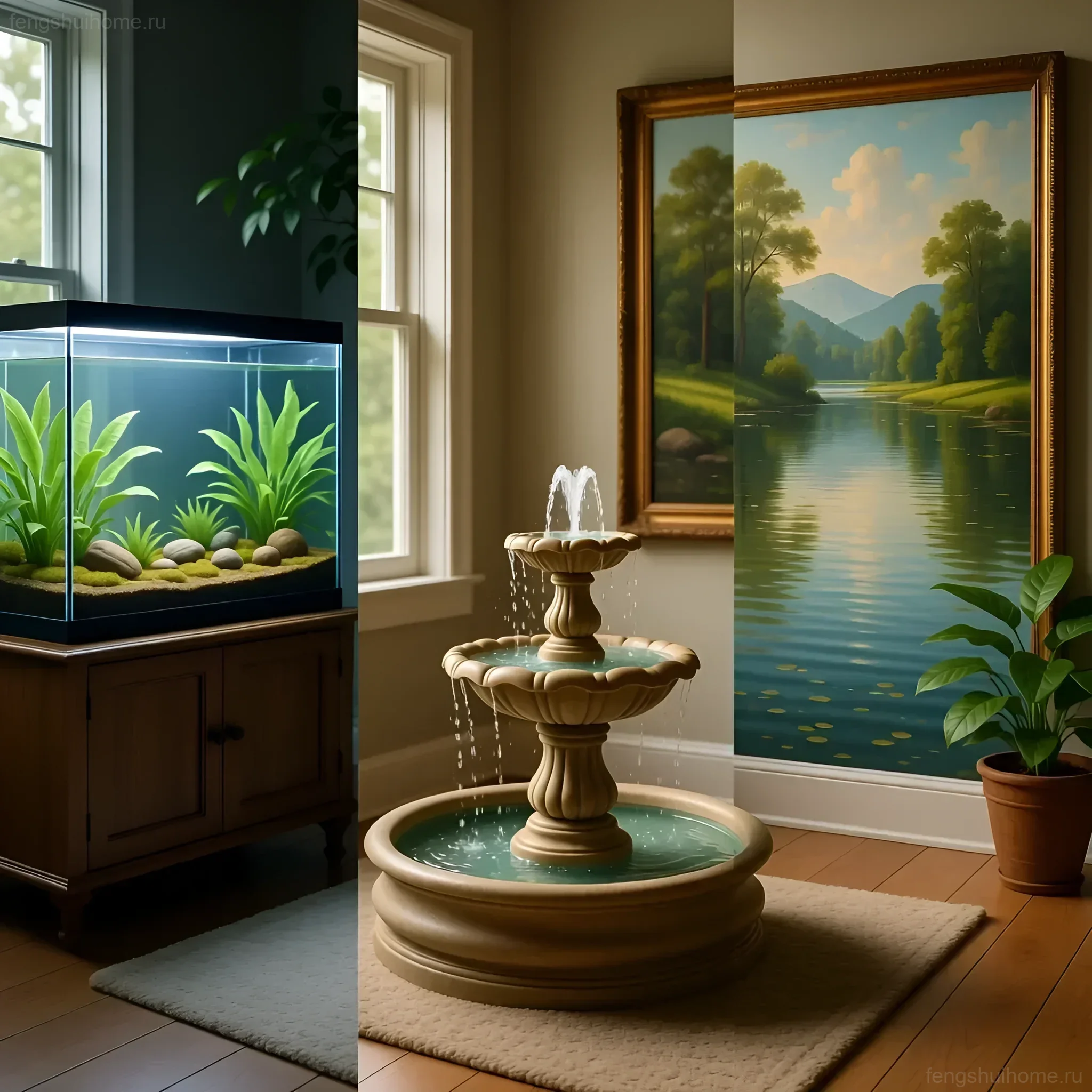 Интерьер с аквариумом, фонтаном и картиной с изображением озера, символизирующими водную стихию и активацию зоны богатства по фэн-шуй.