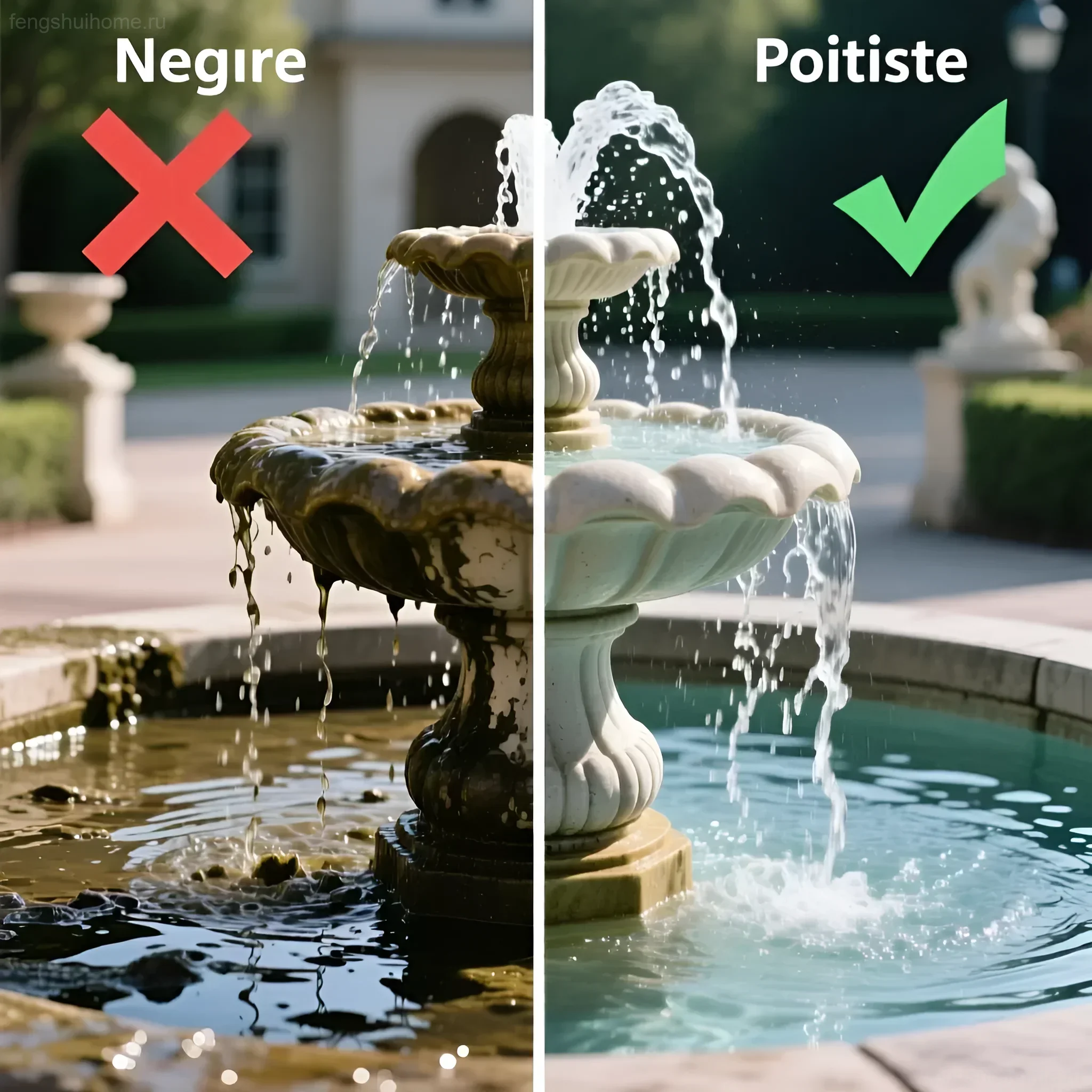 Сравнение: Неправильно установленный фонтан с грязной водой (слева) и гармоничный фонтан с чистой водой (справа) для активации денежной зоны.