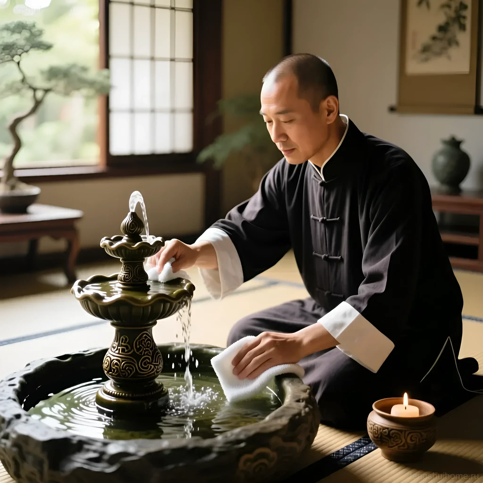 Мастер фэн-шуй очищает керамический фонтанчик, символизирующий поток изобилия и гармонии в интерьере в японском стиле.