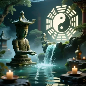 Изображение водного сада с Буддой, водопадом и символом Инь-Ян, символизирующее спокойствие и активацию энергии богатства.