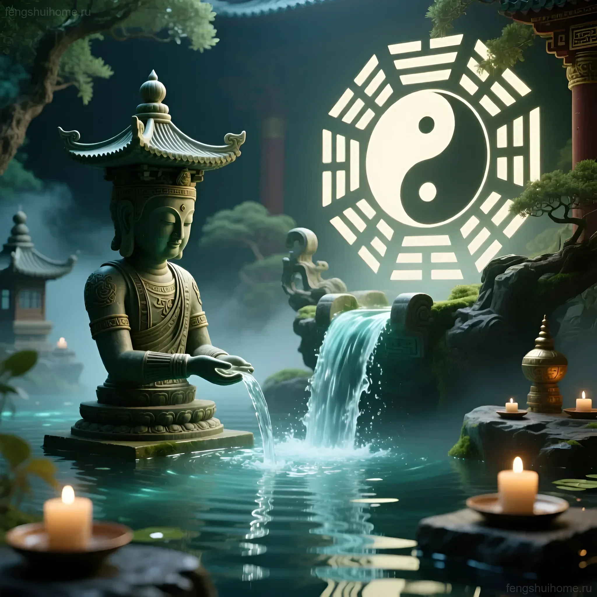 Изображение водного сада с Буддой, водопадом и символом Инь-Ян, символизирующее спокойствие и активацию энергии богатства.