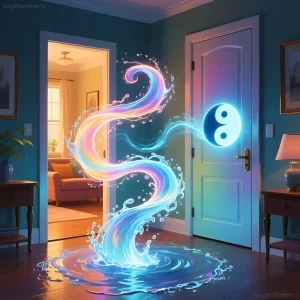 Визуализация потока Ци, исходящего из фонтана в светлом интерьере, символизирующая гармонию и приток энергии.