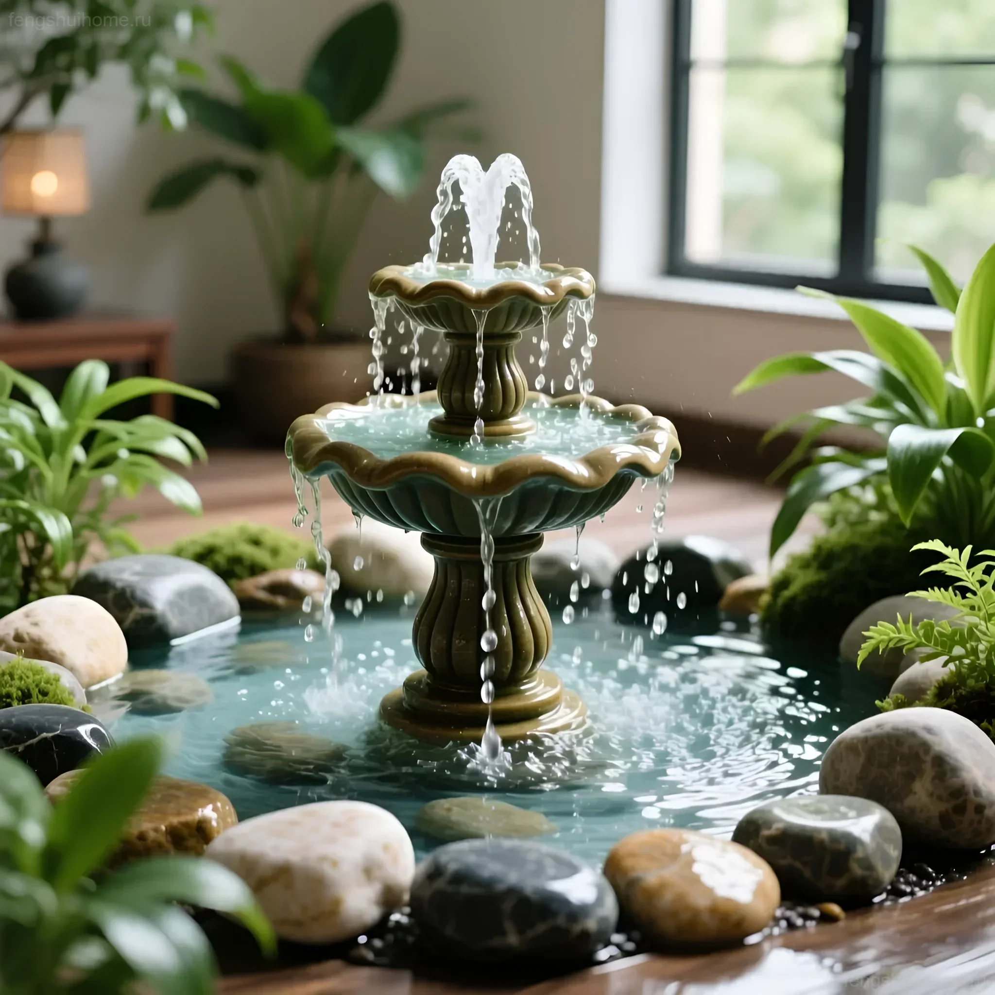 Керамический фонтан с мягким журчанием воды, окруженный камнями и зеленью, создает атмосферу спокойствия и процветания.