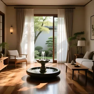 Интерьер гостиной в теплых тонах с центральным фонтаном, создающим атмосферу спокойствия и умиротворения.