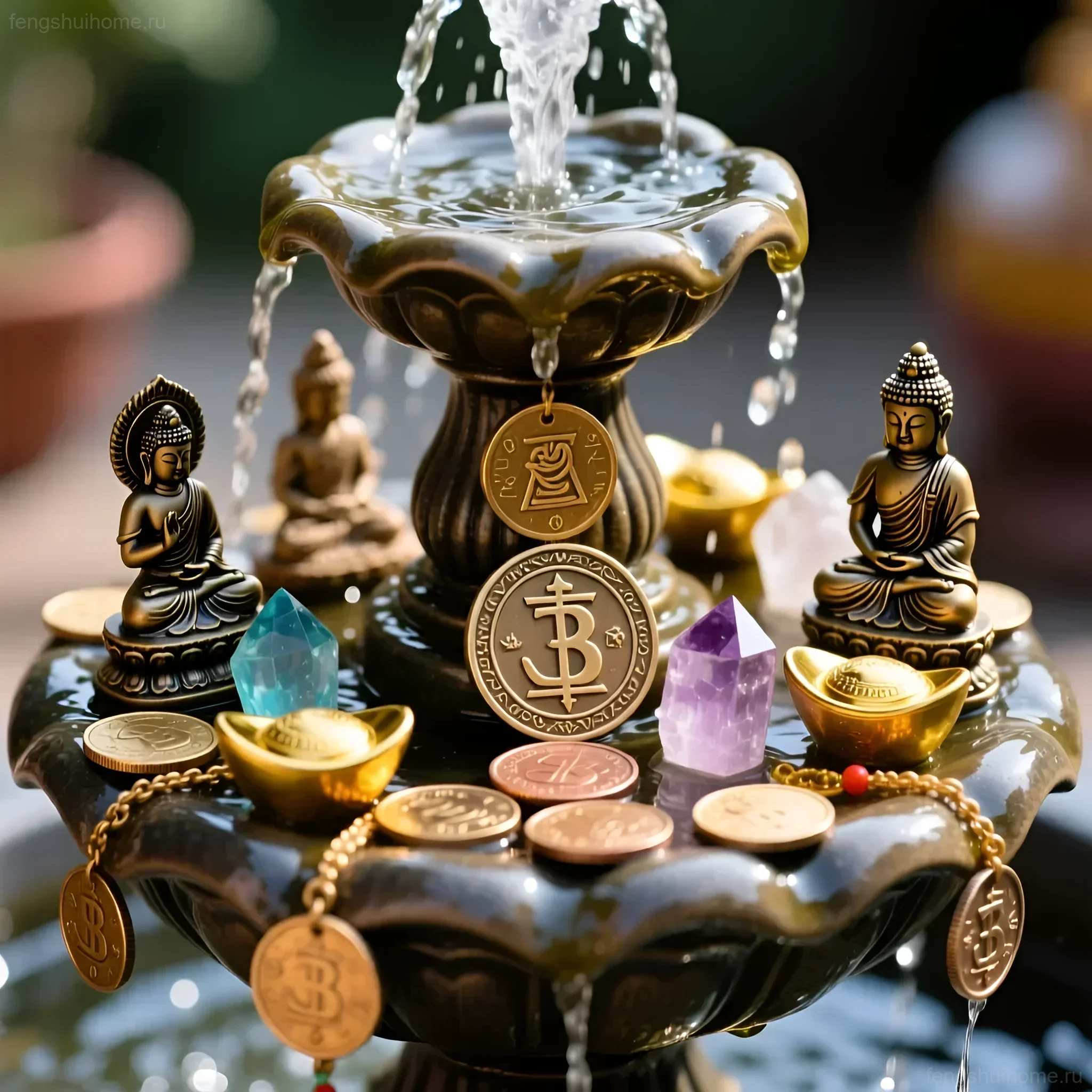 Декоративный фонтан с фигурами Будды, кристаллами и монетами, символизирующий поток изобилия и гармонии в доме.