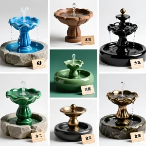 Коллаж из девяти различных по стилю и цвету домашних фонтанов, демонстрирующих разнообразие форм и материалов.