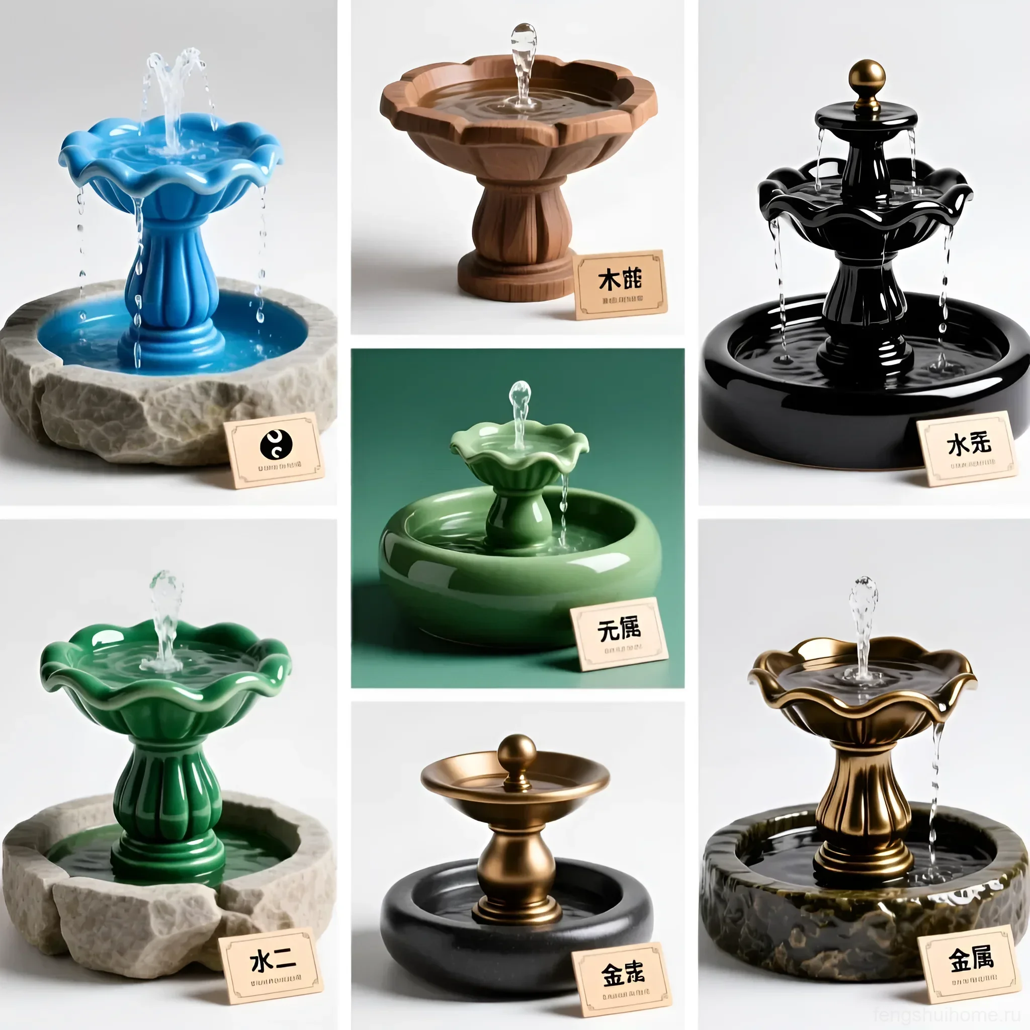 Коллаж из девяти различных по стилю и цвету домашних фонтанов, демонстрирующих разнообразие форм и материалов.
