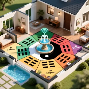 Схема дома с наложенной картой Багуа и фонтаном в центре, демонстрирующая влияние звука воды на различные сферы жизни.