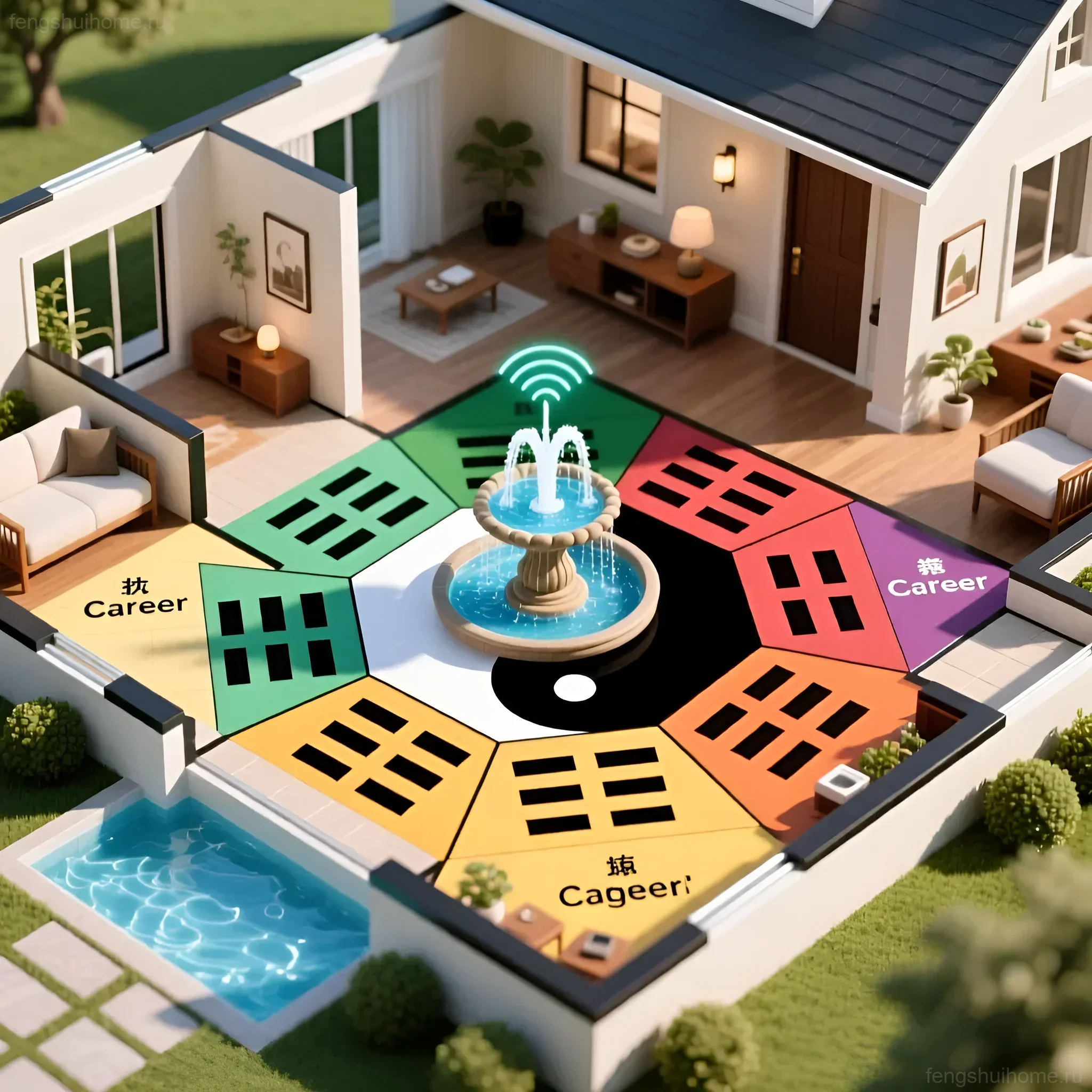 Схема дома с наложенной картой Багуа и фонтаном в центре, демонстрирующая влияние звука воды на различные сферы жизни.