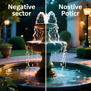 Сравнение звука фонтана в негативном и позитивном секторах дома, визуализация влияния на энергетику пространства.