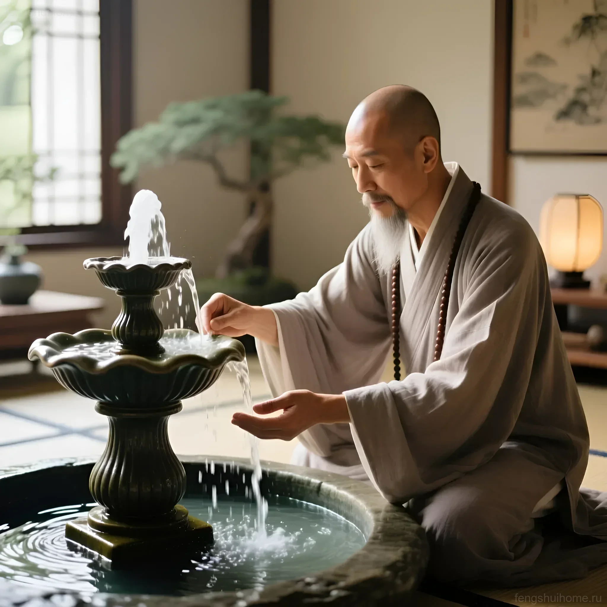 Мастер фэн-шуй регулирует поток воды в каменном фонтане, сосредоточенно наблюдая за струями, в интерьере с элементами восточного стиля.