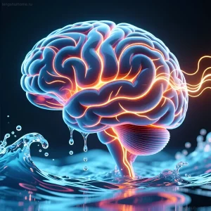 Светящийся мозг, погруженный в воду с брызгами, символизирует влияние звука воды на когнитивные функции и эмоциональное состояние.
