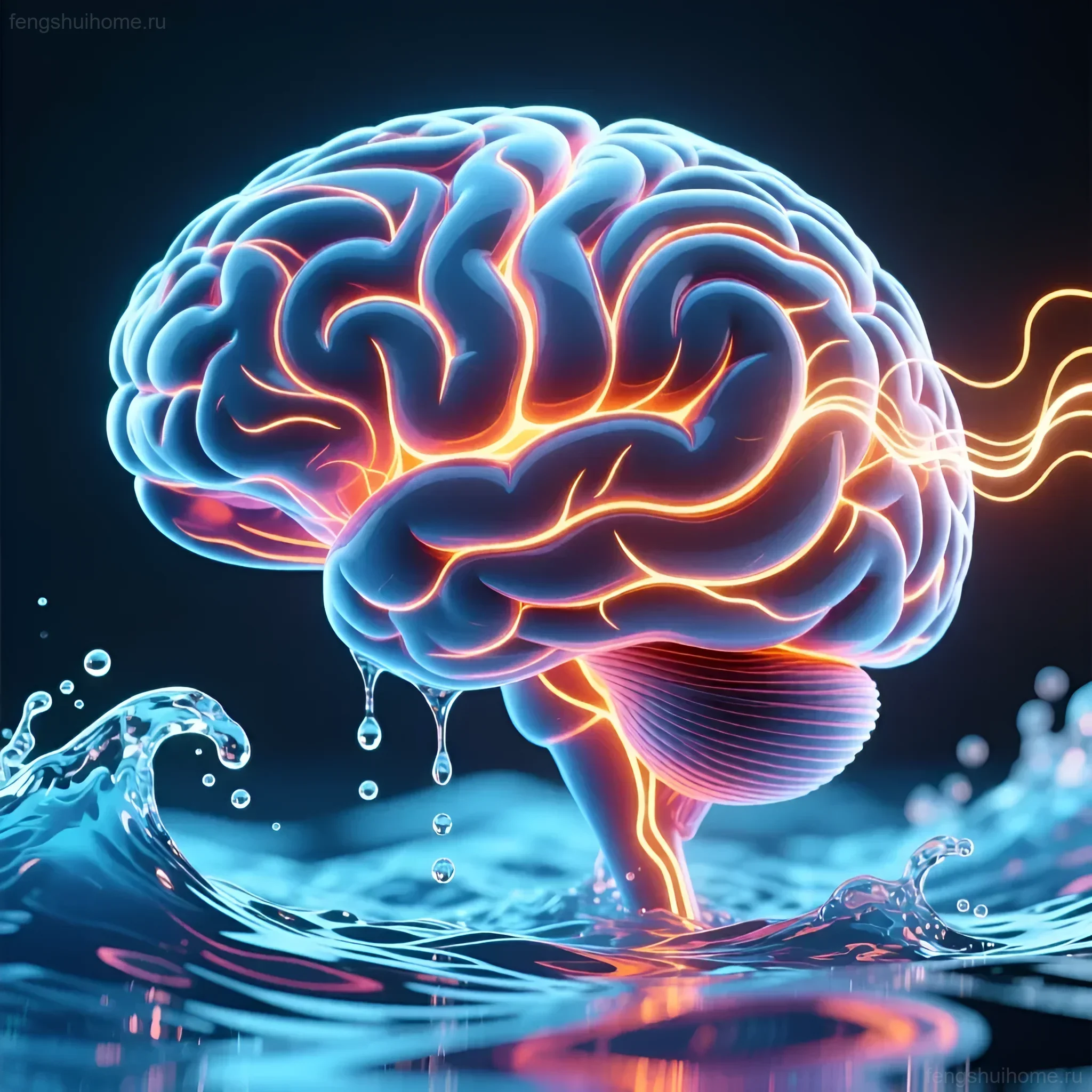 Светящийся мозг, погруженный в воду с брызгами, символизирует влияние звука воды на когнитивные функции и эмоциональное состояние.