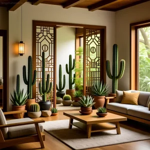 Современная гостиная с большим количеством кактусов и суккулентов в терракотовых горшках, расположенных у окна и в проходе, создающая атмосферу пустынного сада.