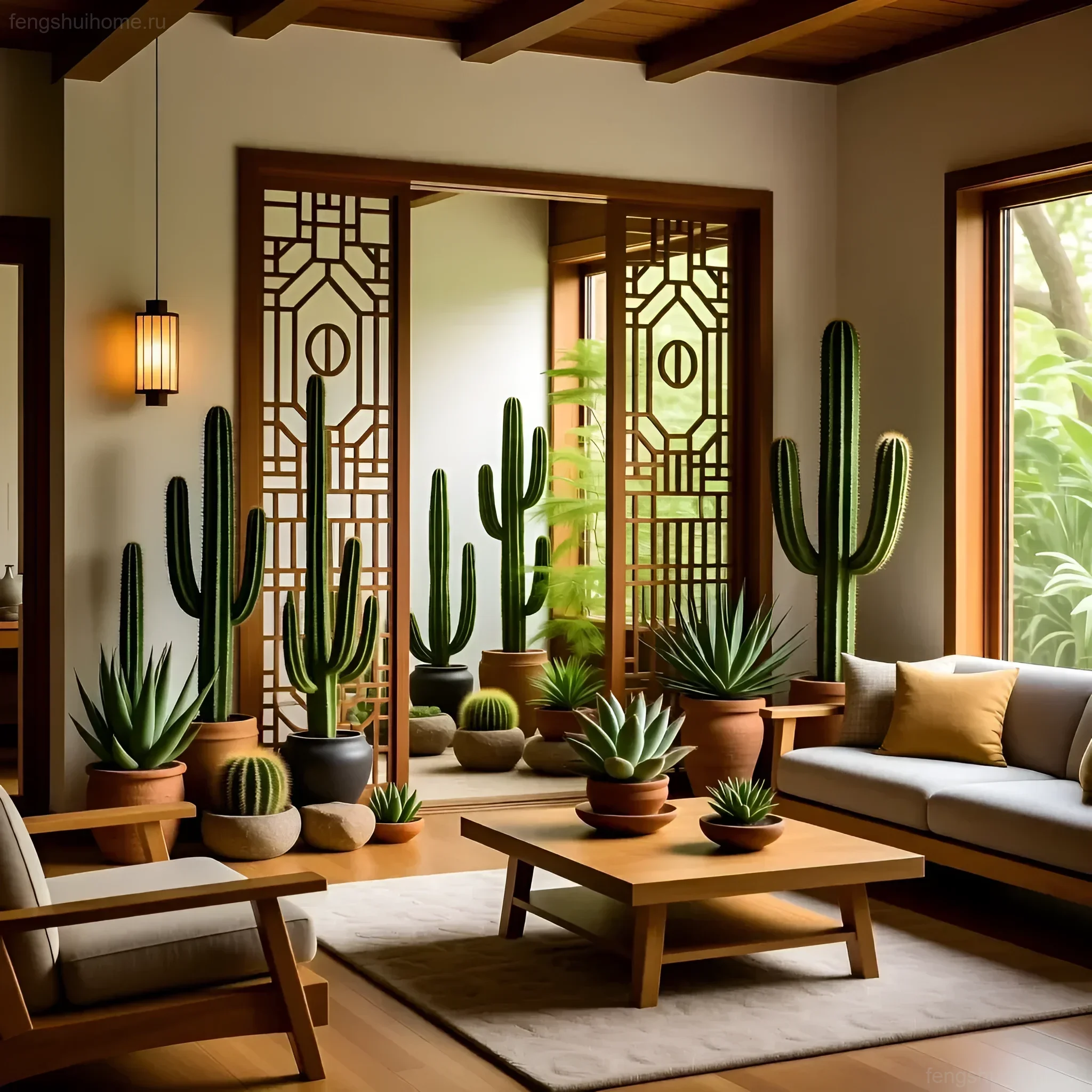 Современная гостиная с большим количеством кактусов и суккулентов в терракотовых горшках, расположенных у окна и в проходе, создающая атмосферу пустынного сада.
