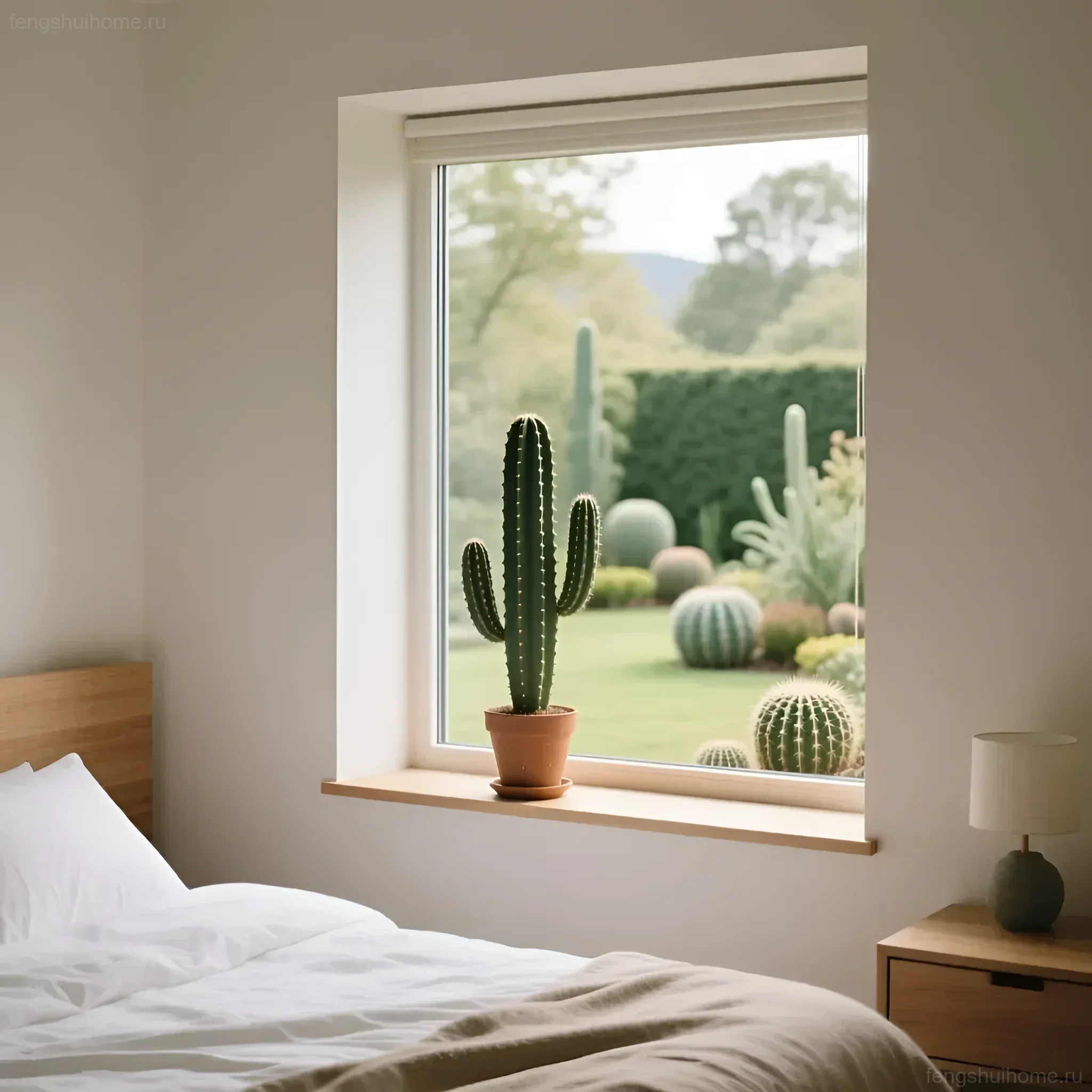 Высокий кактус в терракотовом горшке на подоконнике спальни, вид из окна на сад с другими суккулентами. Фэншуй и гармония в интерьере.