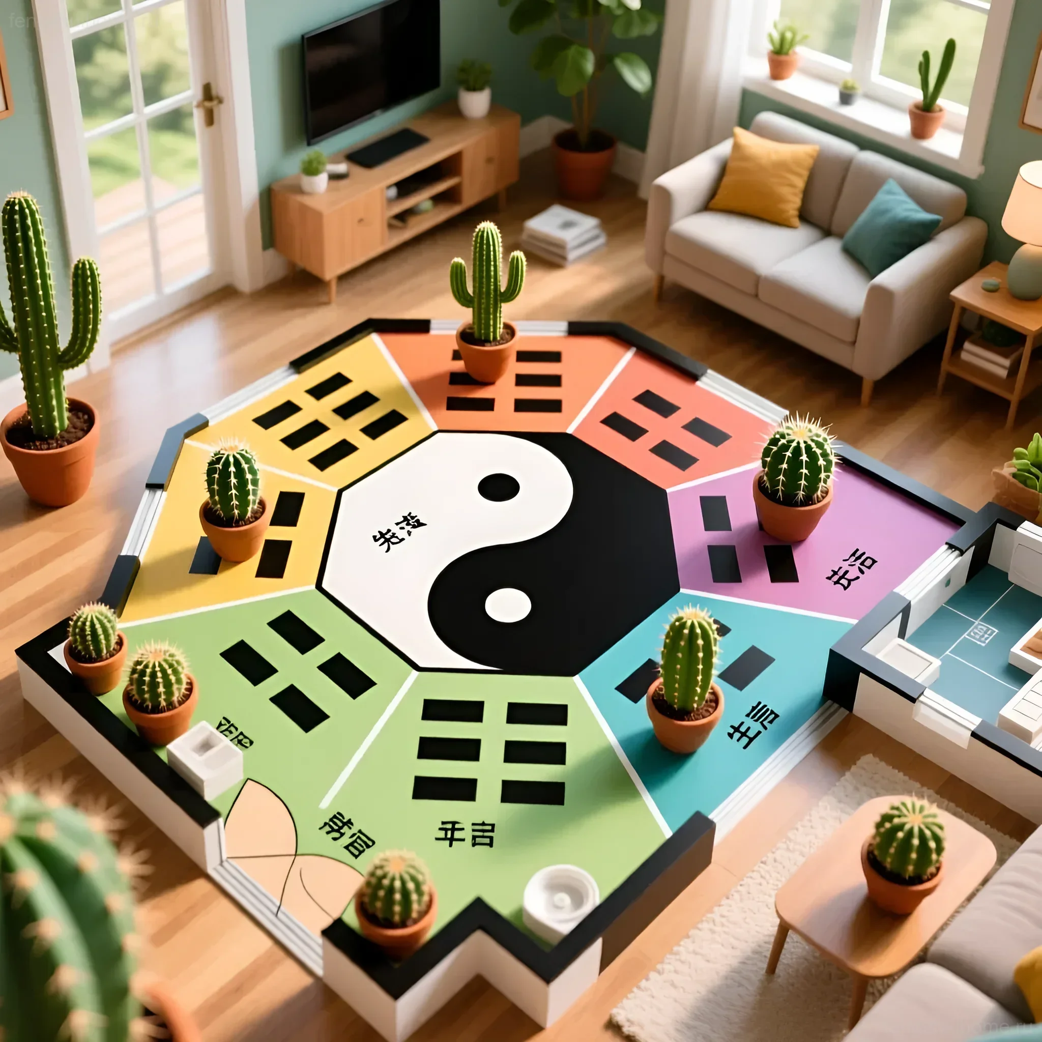 Интерьер гостиной с расстановкой кактусов по зонам Багуа, визуализация влияния на различные сферы жизни.