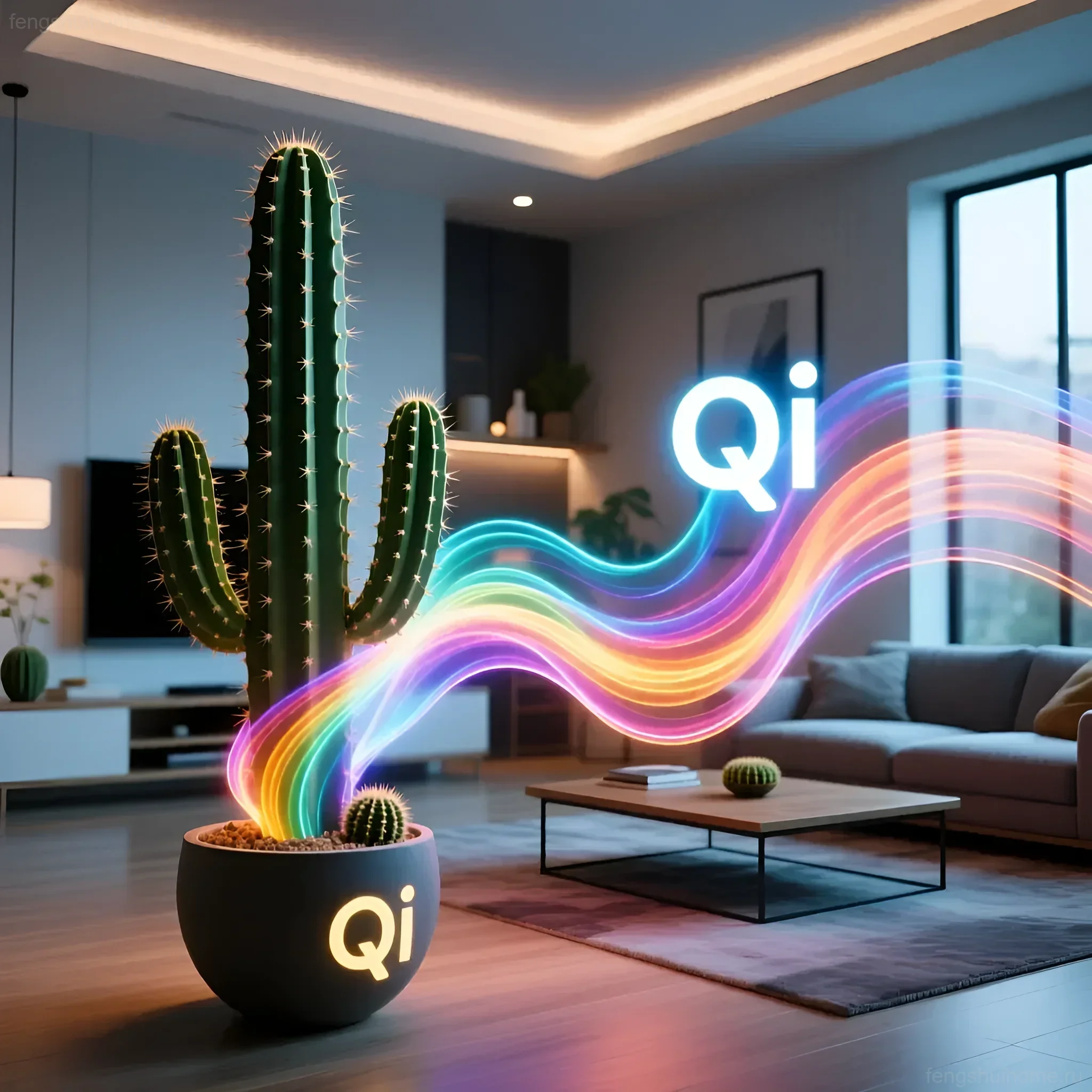 Визуализация потоков энергии Ци вокруг крупного кактуса в современной гостиной, символизирующая его влияние на пространство.