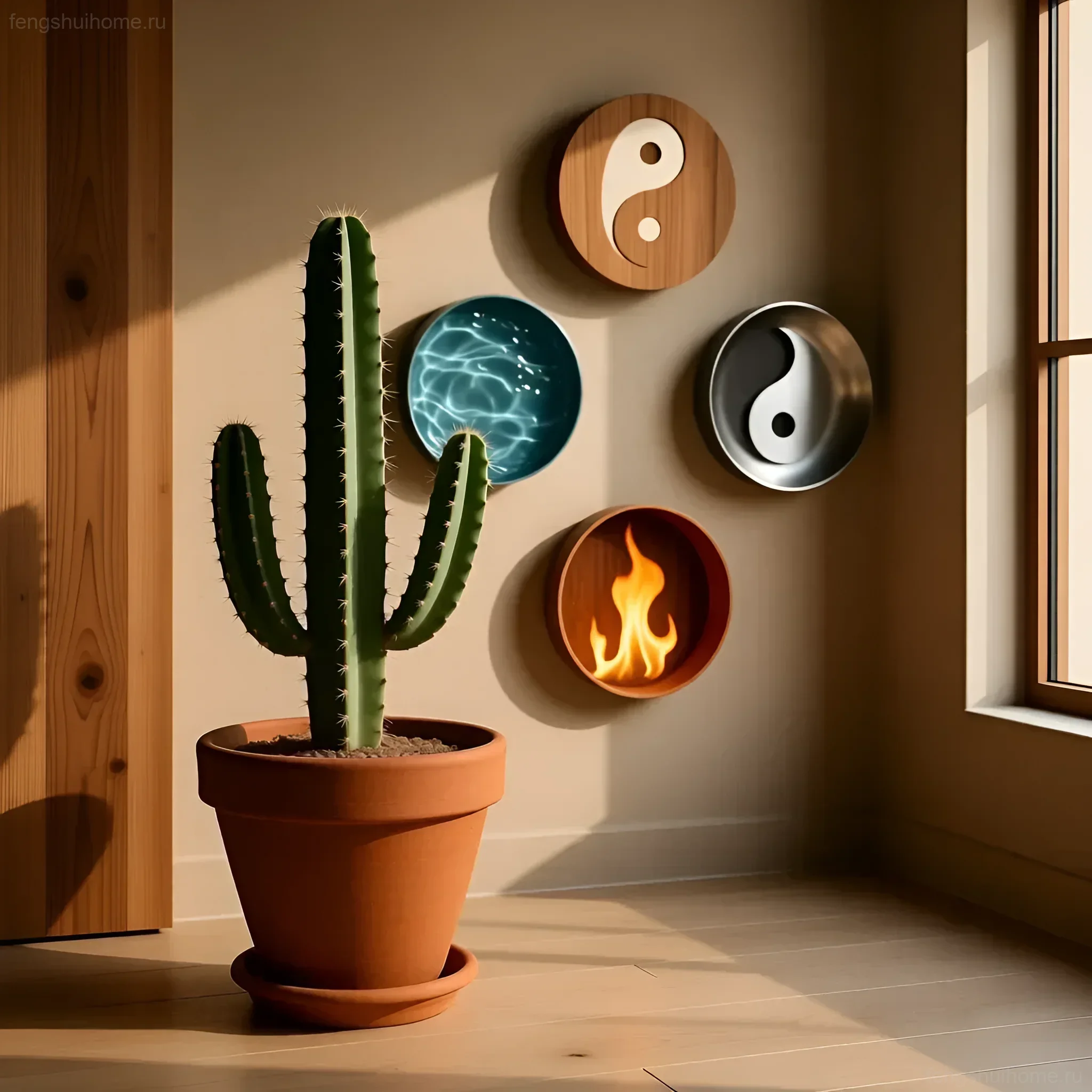Кактус в терракотовом горшке на фоне стены с символами Инь-Ян и изображениями стихий воды и огня, демонстрирующий принципы фэн-шуй.