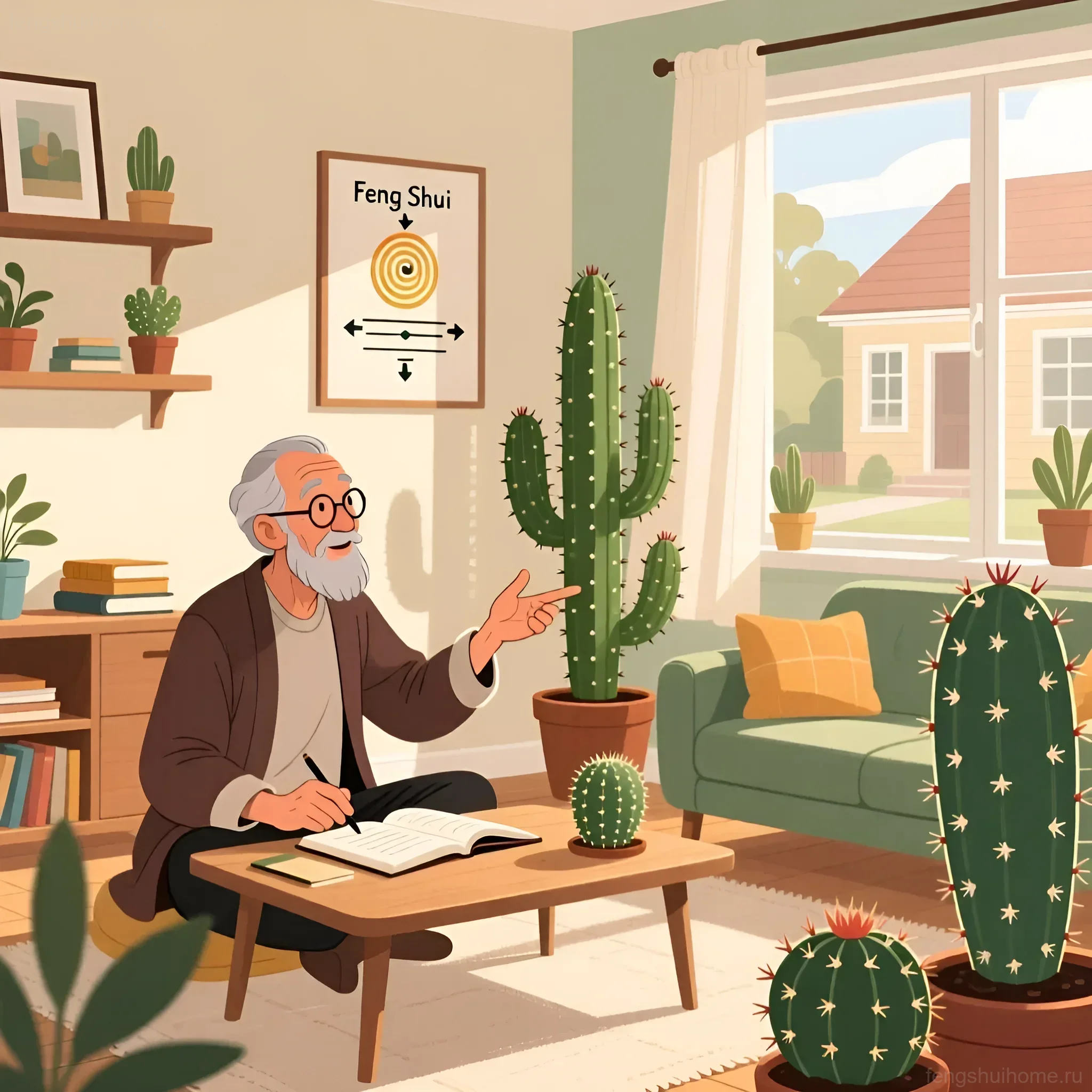 Мастер Фэншуй объясняет влияние кактусов на энергетику гостиной, демонстрируя схему Багуа.