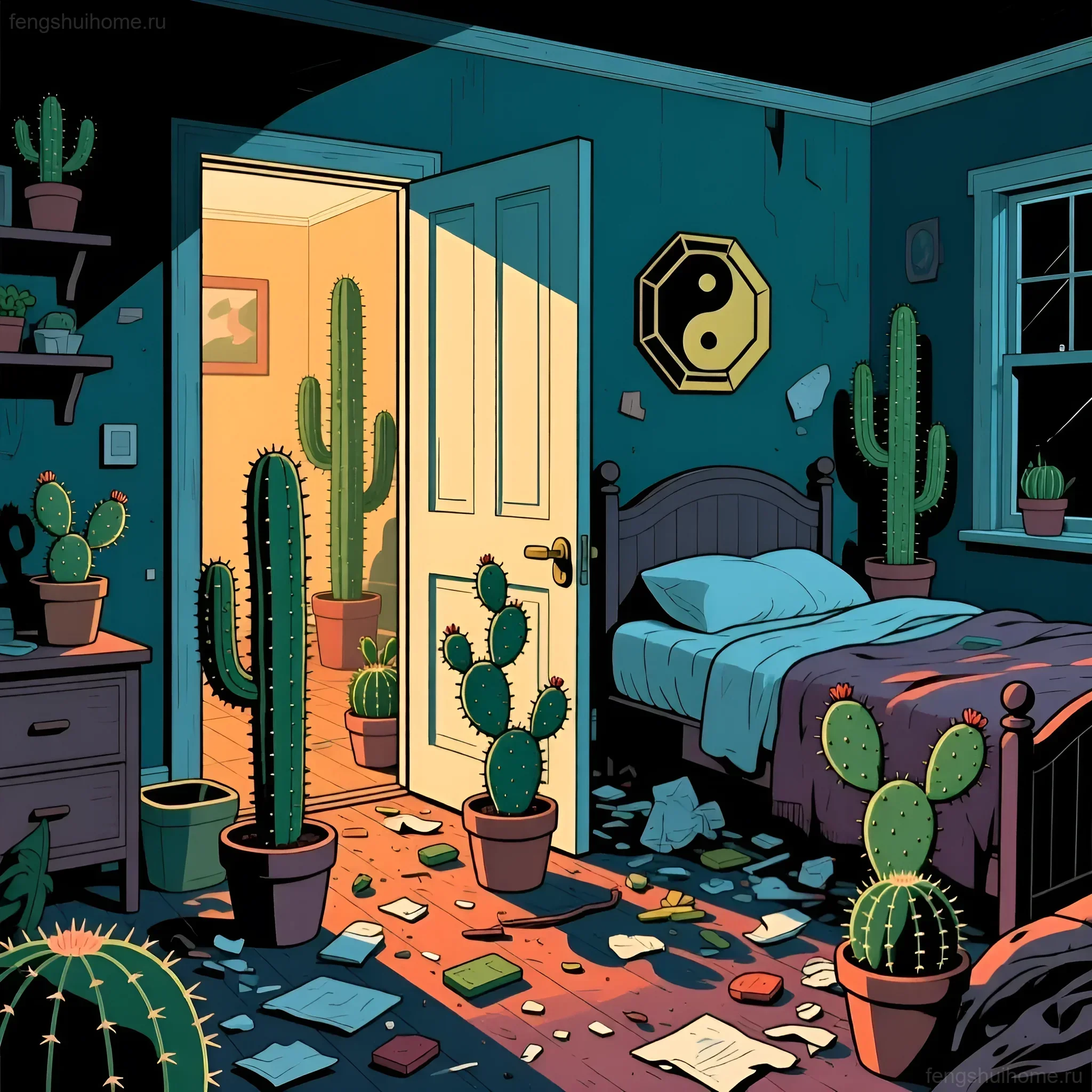 Интерьер спальни, переполненный кактусами и суккулентами, с акцентом на потенциальные нарушения энергетического баланса.