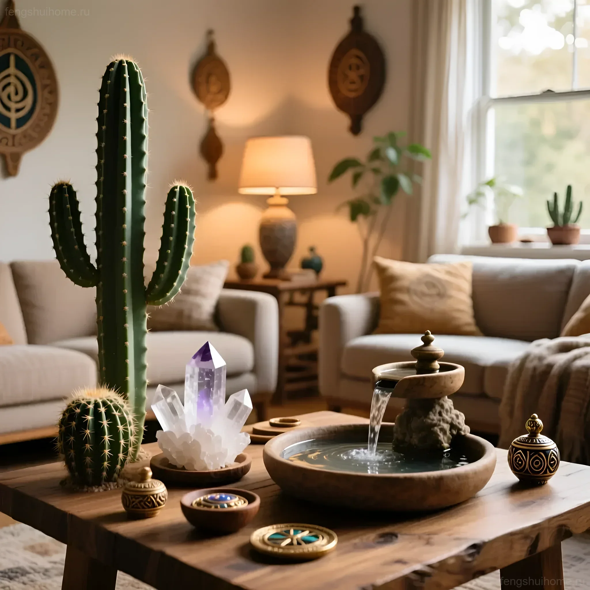 Интерьер гостиной с высоким кактусом, кристаллами и декоративным фонтаном на деревянном журнальном столике, нейтрализация энергии колючих растений.