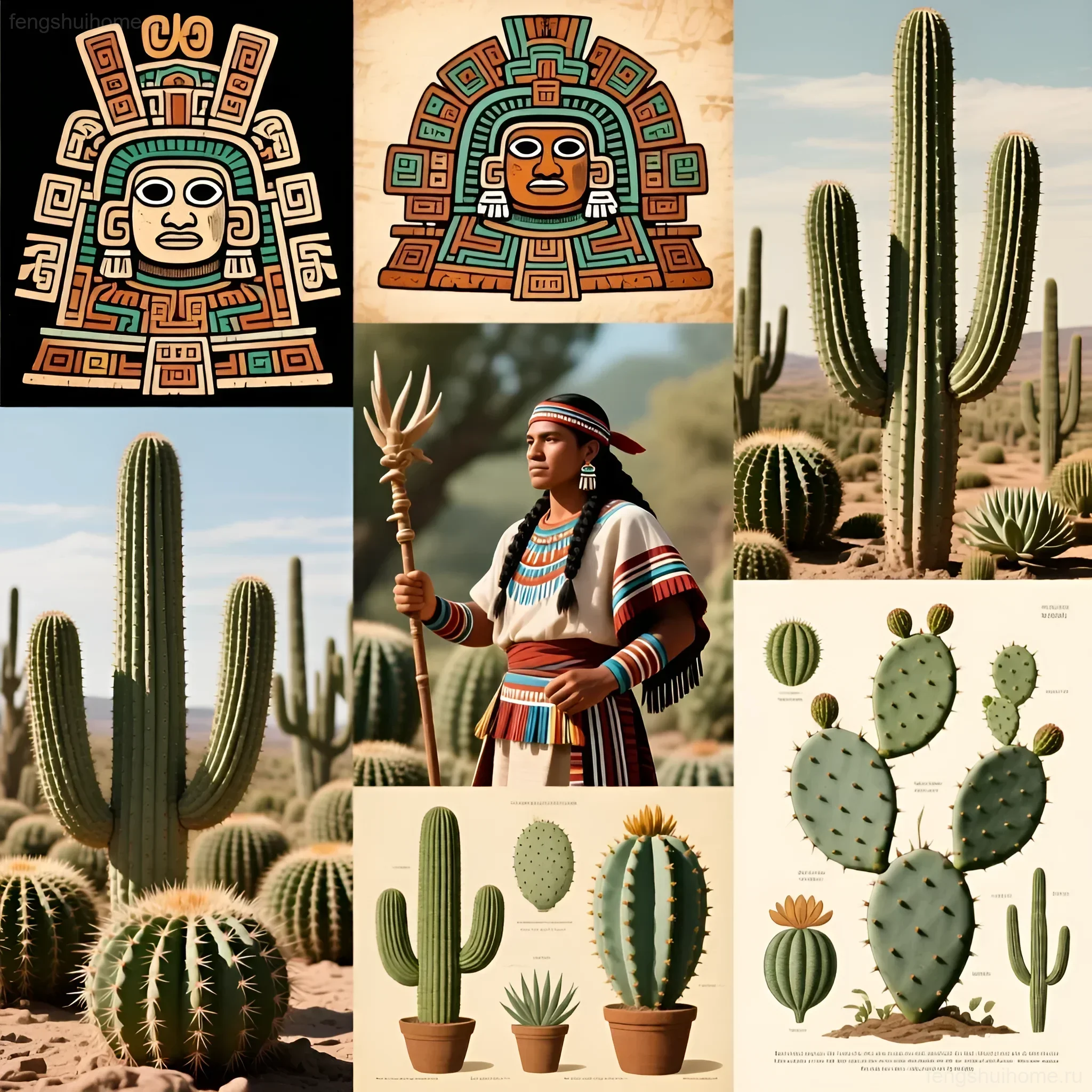 Коллаж с изображениями кактусов в пустыне, стилизованные изображения ацтекских божеств и ботанические иллюстрации суккулентов, символизирующие силу и защиту.