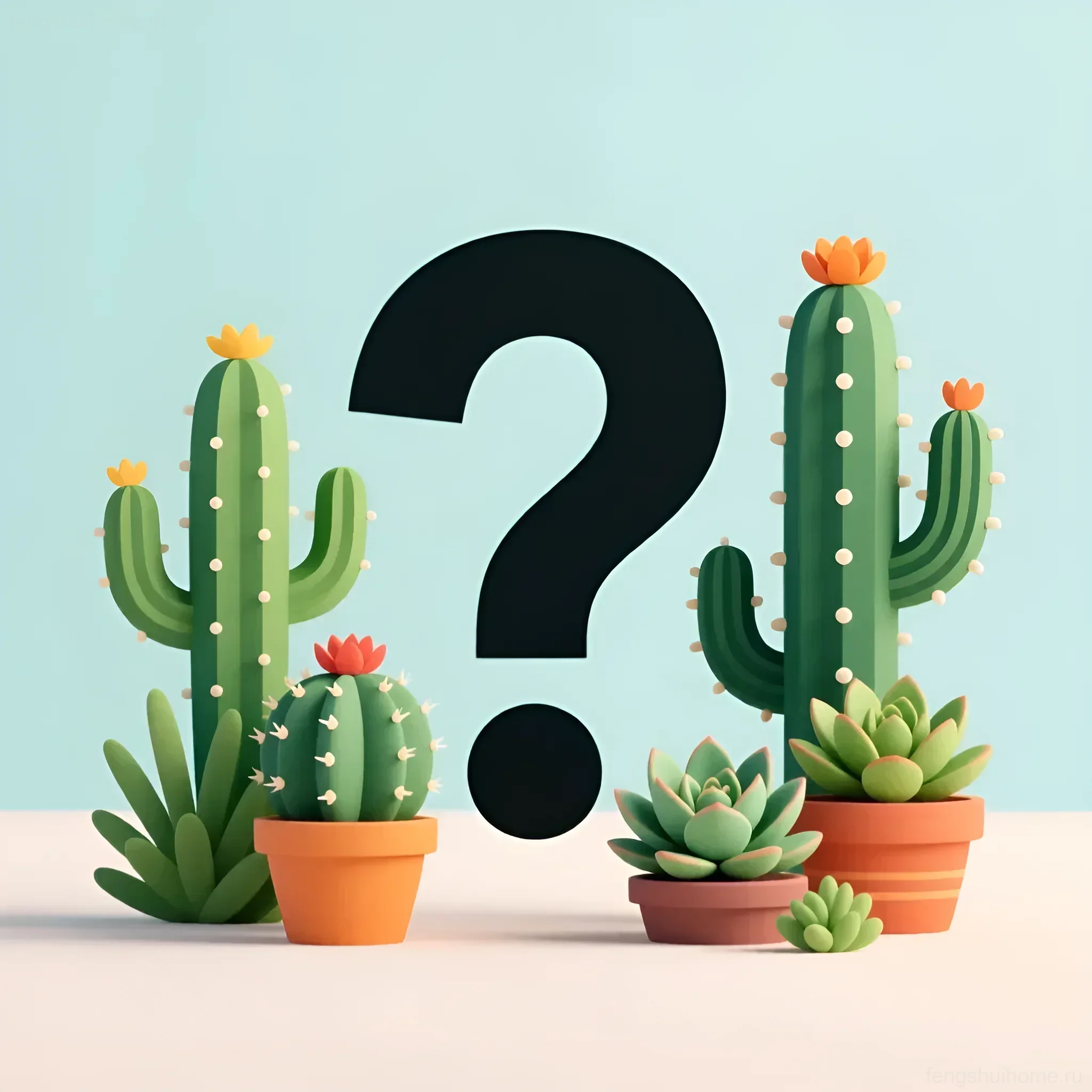 Стилизованное изображение кактусов и суккулентов в терракотовых горшках на фоне голубой стены, рядом с большим знаком вопроса. Символизирует вопросы о влиянии этих растений на энергетику дома.