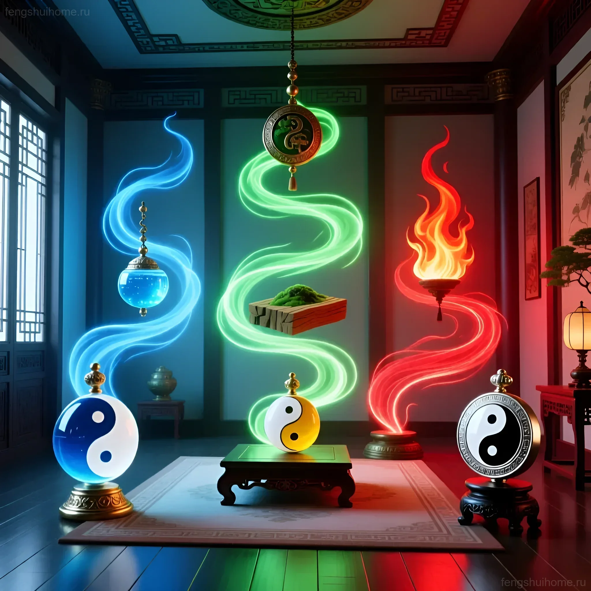 Иллюстрация энергетических потоков вокруг талисманов фэн-шуй разной высоты в интерьере в китайском стиле.