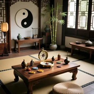 Традиционный интерьер с талисманами фэншуй на низком деревянном столе, символизирующий гармонию и баланс энергий.