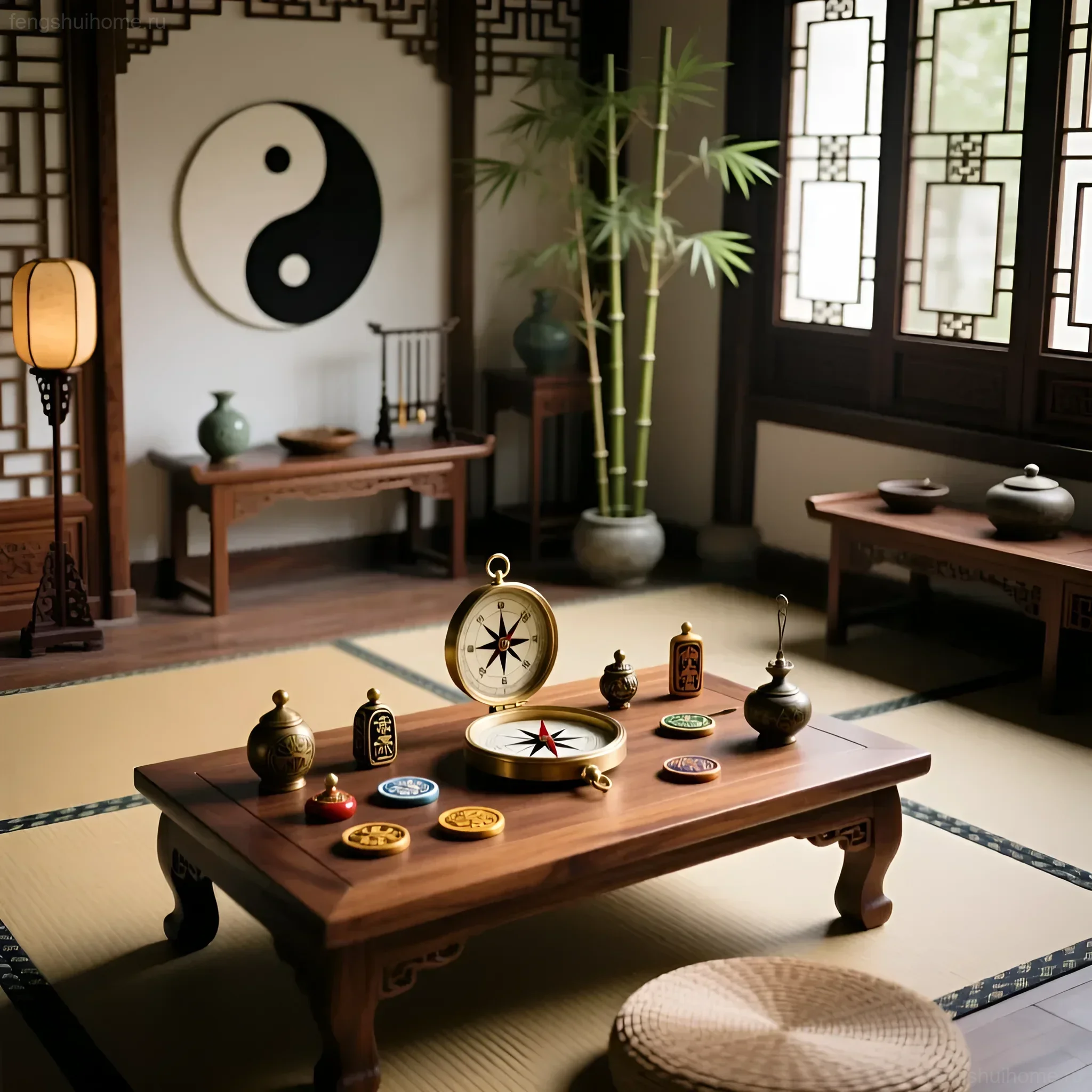 Традиционный интерьер с талисманами фэншуй на низком деревянном столе, символизирующий гармонию и баланс энергий.